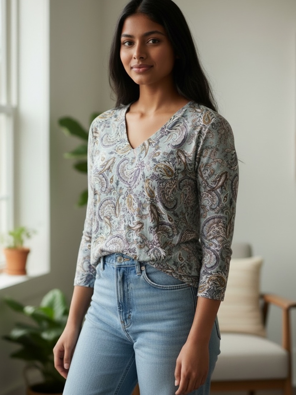 J. Jill Light Blue Paisley V-Neck Long Sleeve Top